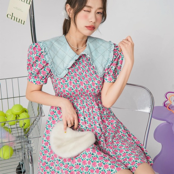 CHUU Pink and Blue Floral Puff Sleeve Dress - Picture 5 of 11